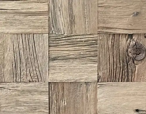 Une image en gros plan de neuf tuiles de bois disposées dans une grille carrée, chacune présentant des motifs et des textures de grain de bois distincts dans différentes nuances de brun, rappelant le bois vieilli.