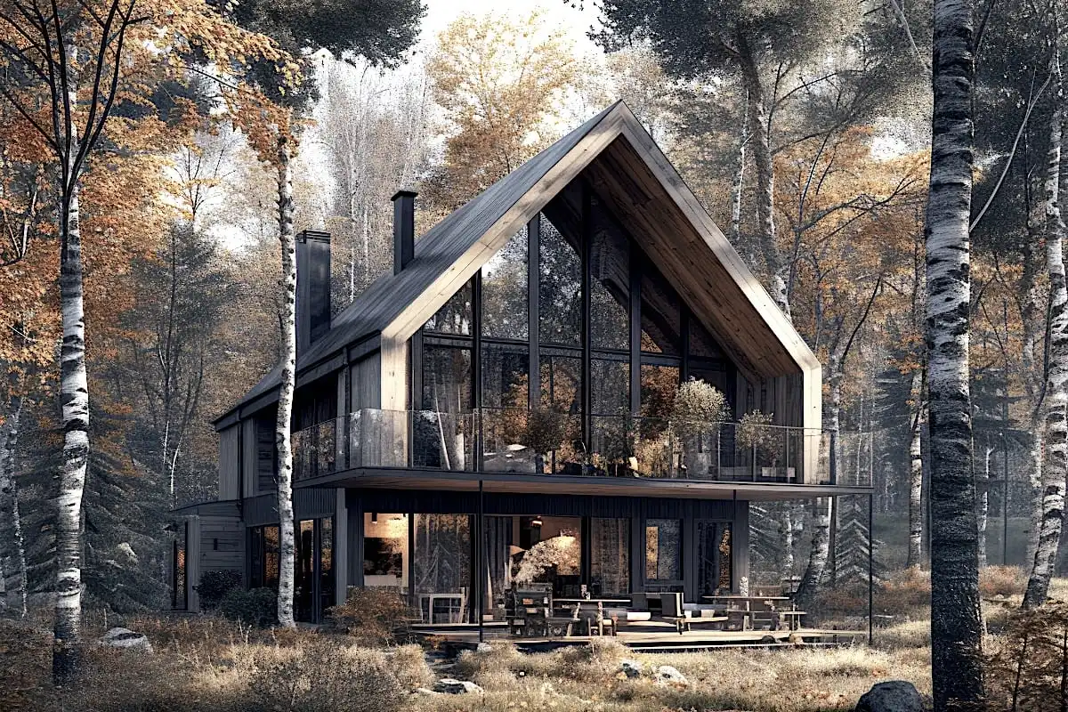 Cabane moderne sur deux étages dotée de grandes fenêtres vitrées, entourée d'arbres aux couleurs d'automne dans une forêt. La maison dispose d'un balcon, de sièges extérieurs et d'un toit en pente orné de lambris bois vieilli pour une touche rustique.