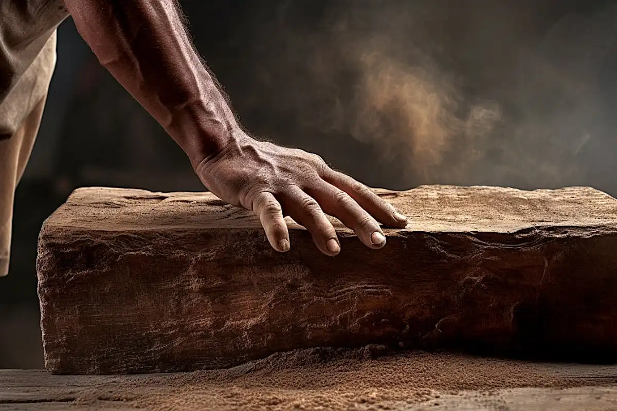 La main d'une personne repose sur un gros morceau de vieux bois entouré de sciure de bois.