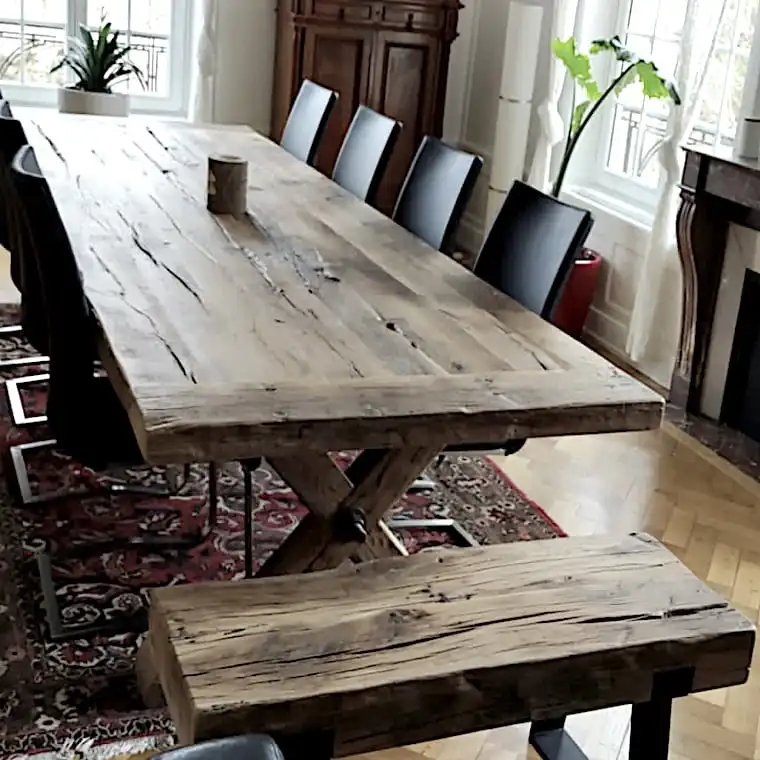  Une table à manger rustique fermette en vieux chêne avec huit chaises noires et un banc en bois dans une pièce bien éclairée. Une armoire en bois et des plantes en pot sont en arrière-plan. 