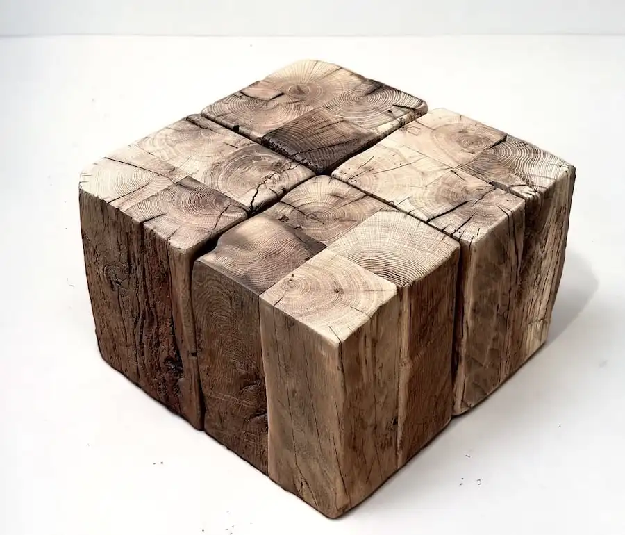 Une pièce en bois en forme de cube fabriquée à partir de vieux bois.