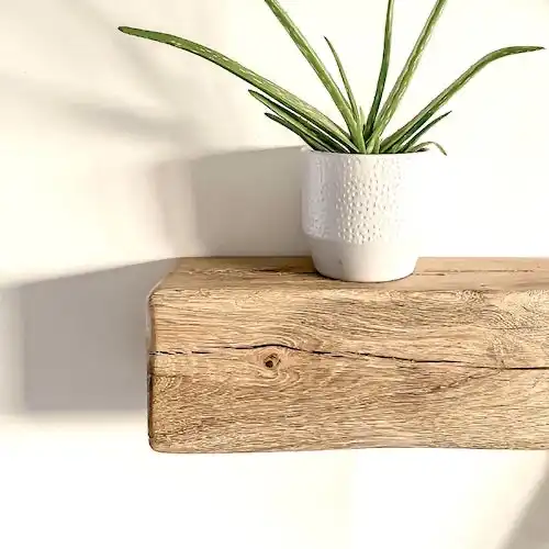  Une étagère en bois avec une plante dessus. 