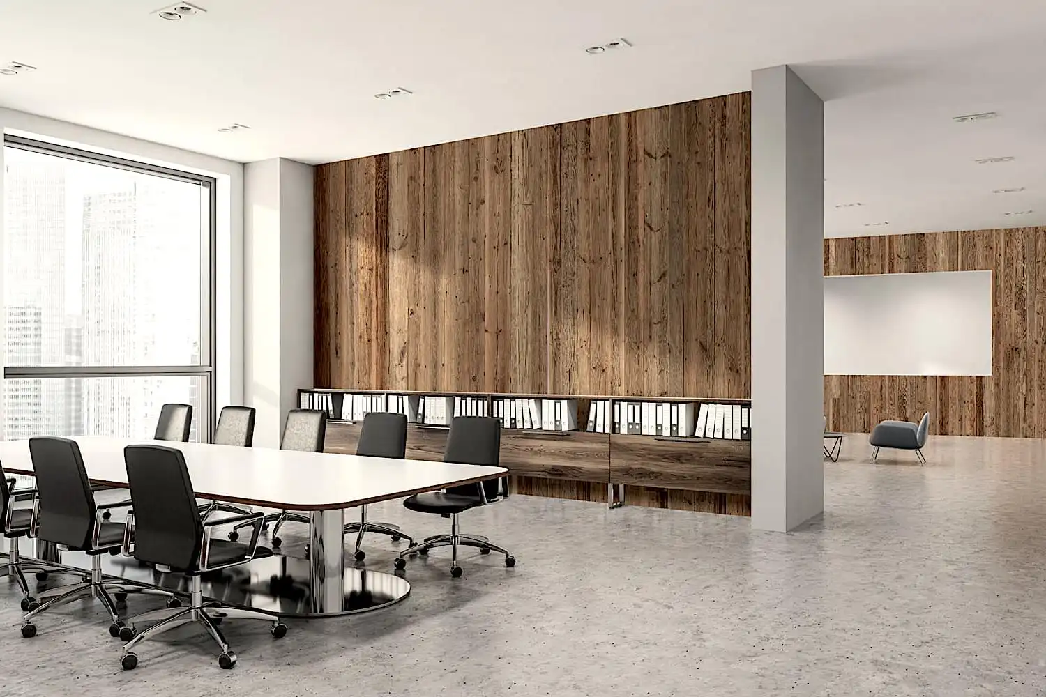 Une salle de conférence avec un mur en bois vieilli