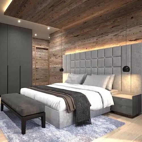  Une chambre moderne avec bois rustique et un lit 