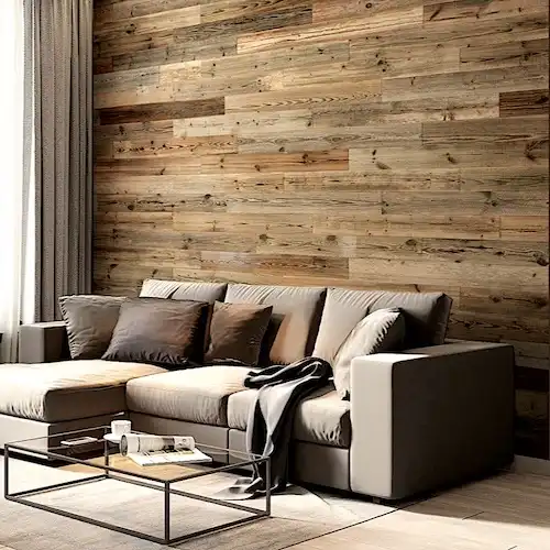  Un salon avec un mur en bois vieilli 