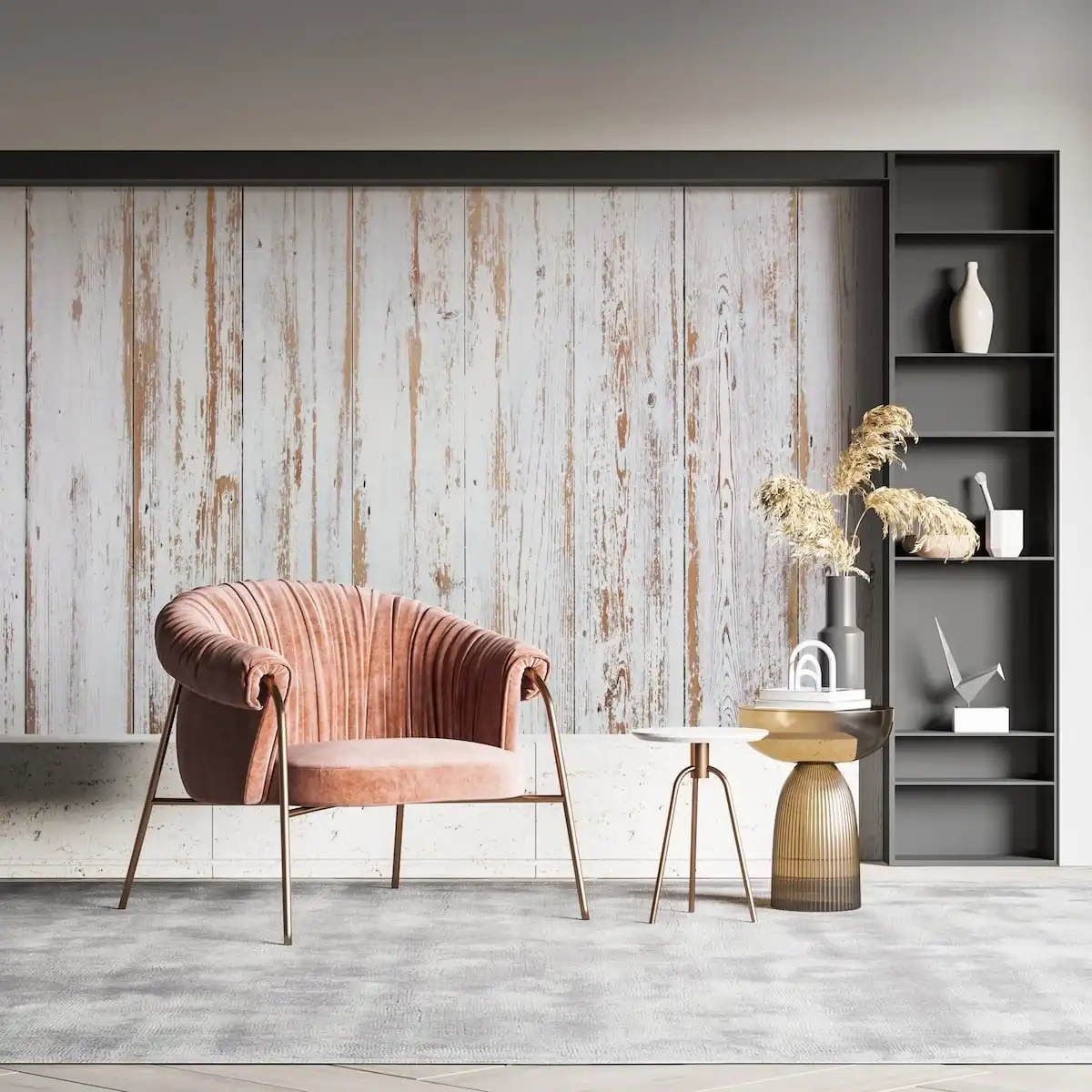  Un salon avec une chaise rose et un mur en lambris bois blanc vieilli 