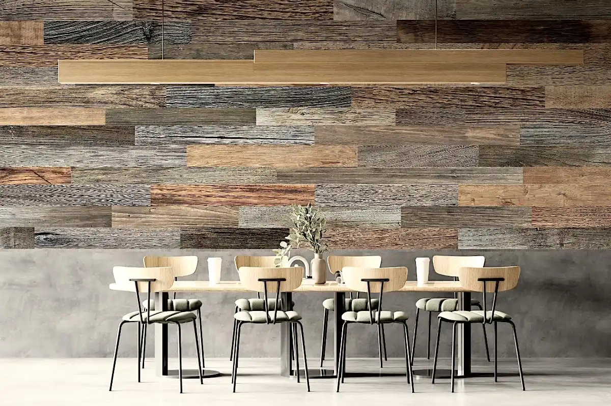 Une salle à manger avec un mur en lambris vieux bois et des chaises en bois