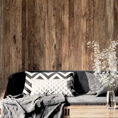  Un salon avec un mur en bois de chêne rustique 