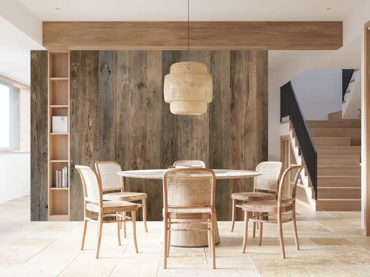 Une salle à manger avec une table et des chaises en bois de vieux chêne