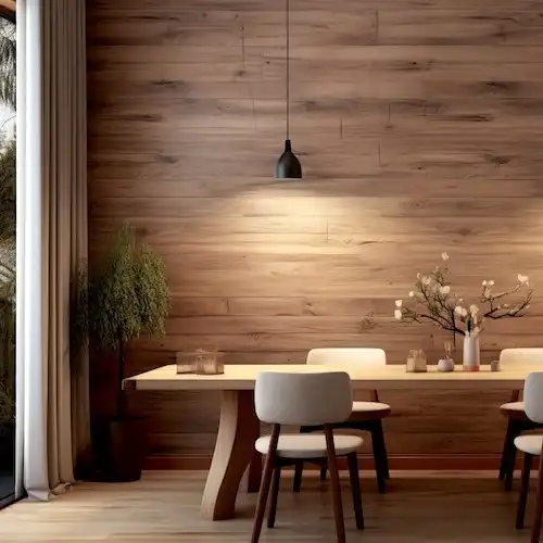  Une salle à manger avec des murs en bois rustiques et des chaises modernes. 