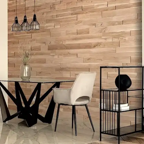  Une salle à manger moderne avec un mur en bois recyclé. 