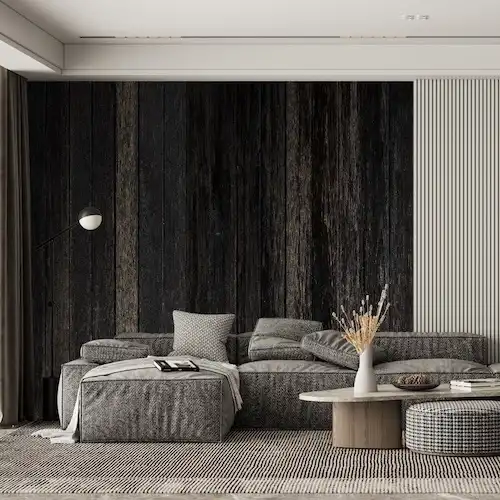  Un salon moderne avec un mur en bois chic en chêne noir. 
