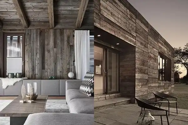 Deux photos d'une maison avec un revêtement en vieux bois