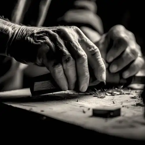 Une photo en noir et blanc d’un vieil homme travaillant sur un morceau de vieux bois