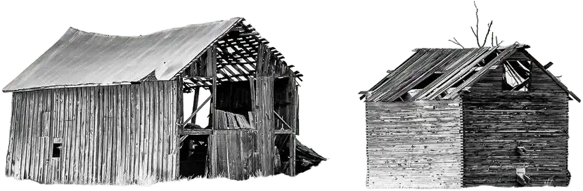 Une photo en noir et blanc de deux bâtiments en bois vieilli