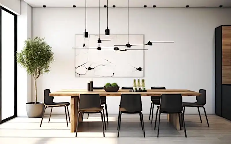Une salle à manger moderne avec des chaises noires et une table en vieux bois