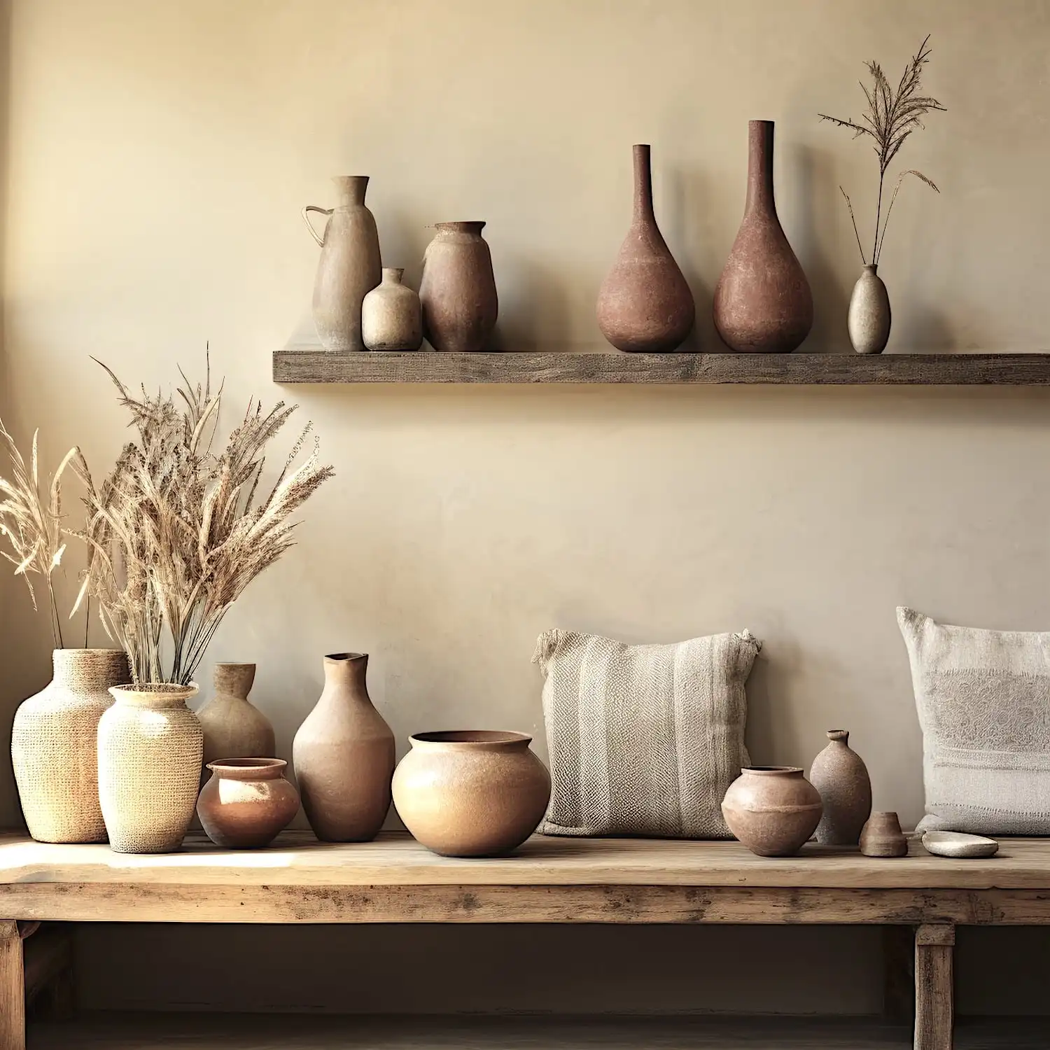 Un banc en bois avec un assortiment de poteries aux tons terreux et de plantes séchées est placé contre un mur beige. Au-dessus, une étagère en bois ancien contient des poteries supplémentaires et une petite plante. Deux coussins reposent sur le banc.