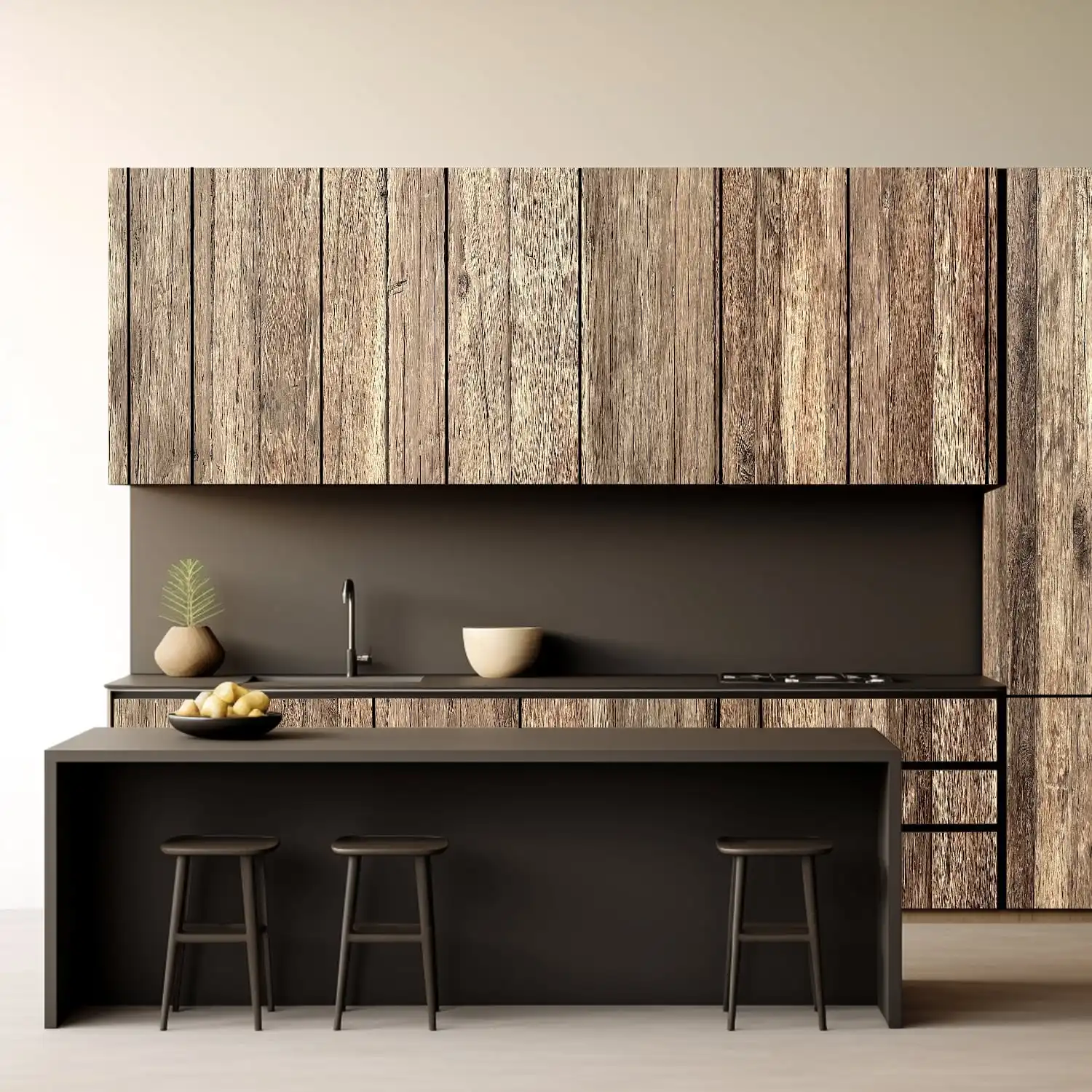  Intérieur de cuisine moderne avec armoires en bois, comptoir noir et trois tabourets, comportant des éléments de design minimalistes et des panneaux vieux bois. 