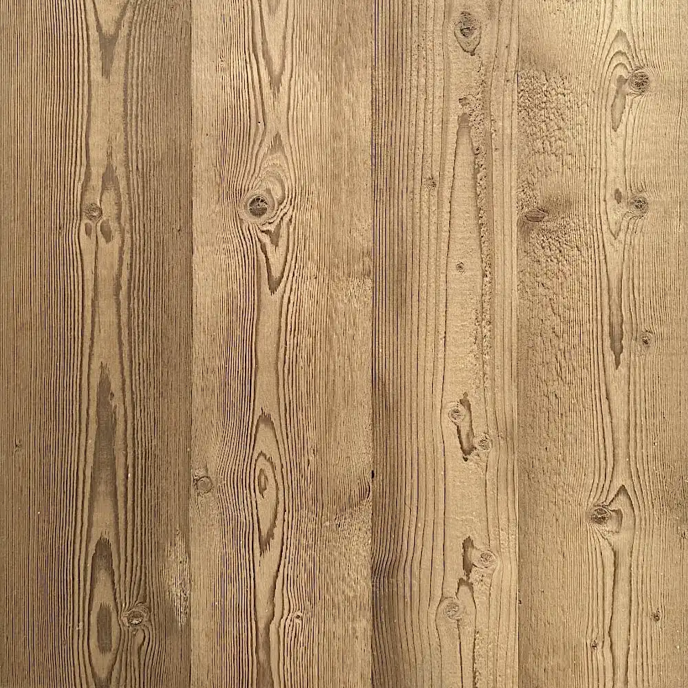  Planches de bois aux veinures et nœuds visibles, ressemblant à du parquet ancien, disposées verticalement de manière uniforme. La texture semble naturelle et légèrement usée. 