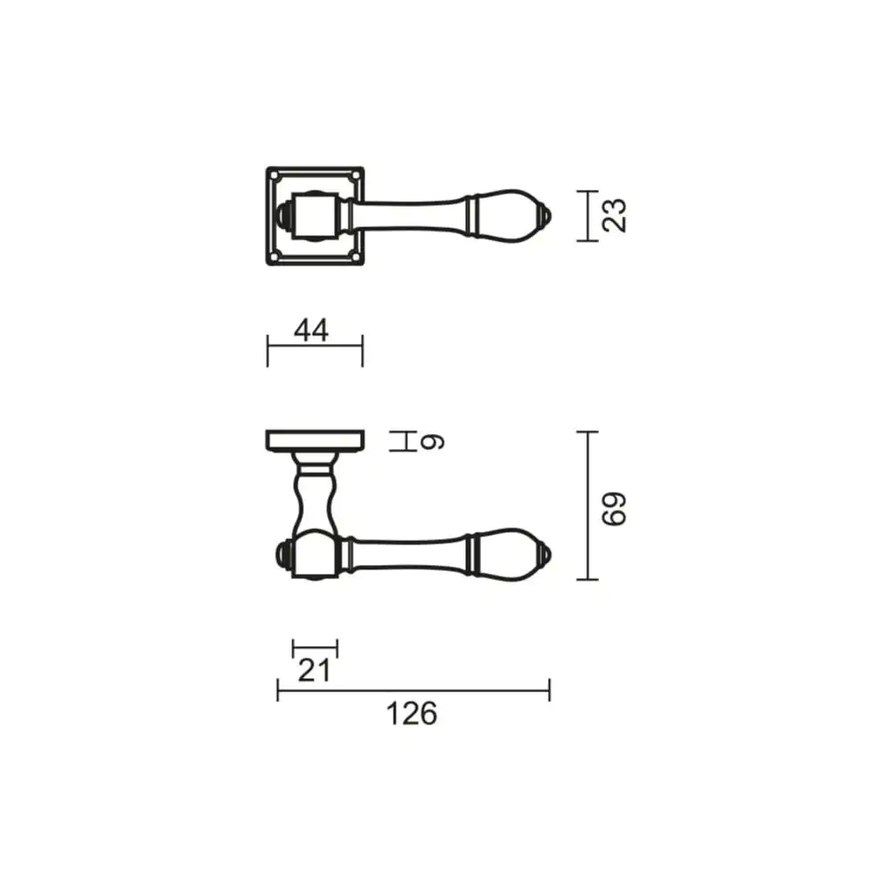 Dessin technique d'une poignée de porte rustique avec dimensions en millimètres. 