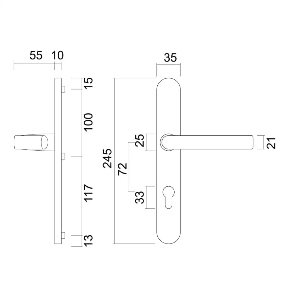  Dessin technique d'un mécanisme de serrure de porte avec dimensions en millimètres. 
