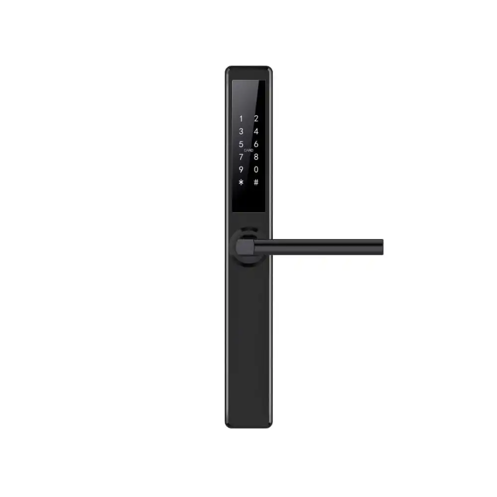  Serrure numérique noire moderne avec clavier numérique à écran tactile et poignée à levier sur fond blanc, illustrant la technologie contemporaine de sécurité domestique. 