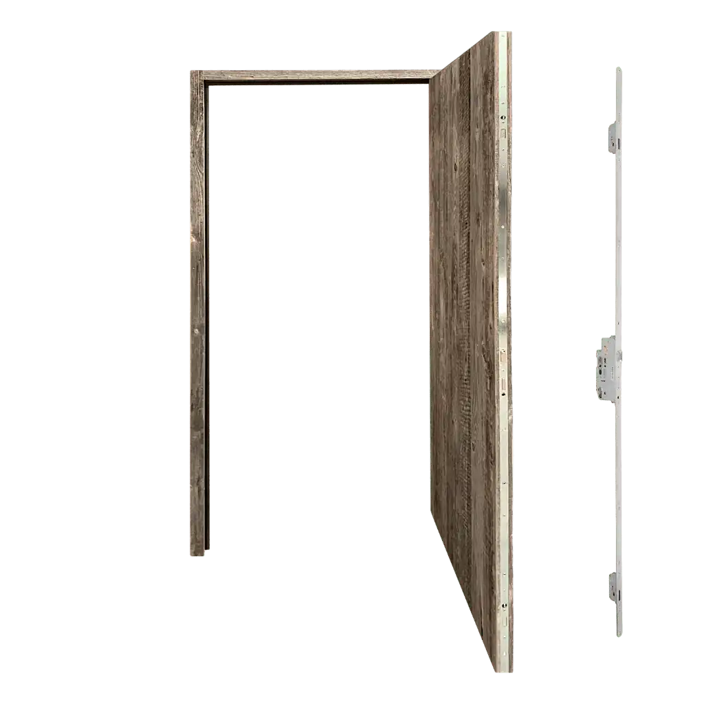 Une porte en bois de grange avec une poignée et une poignée de porte.