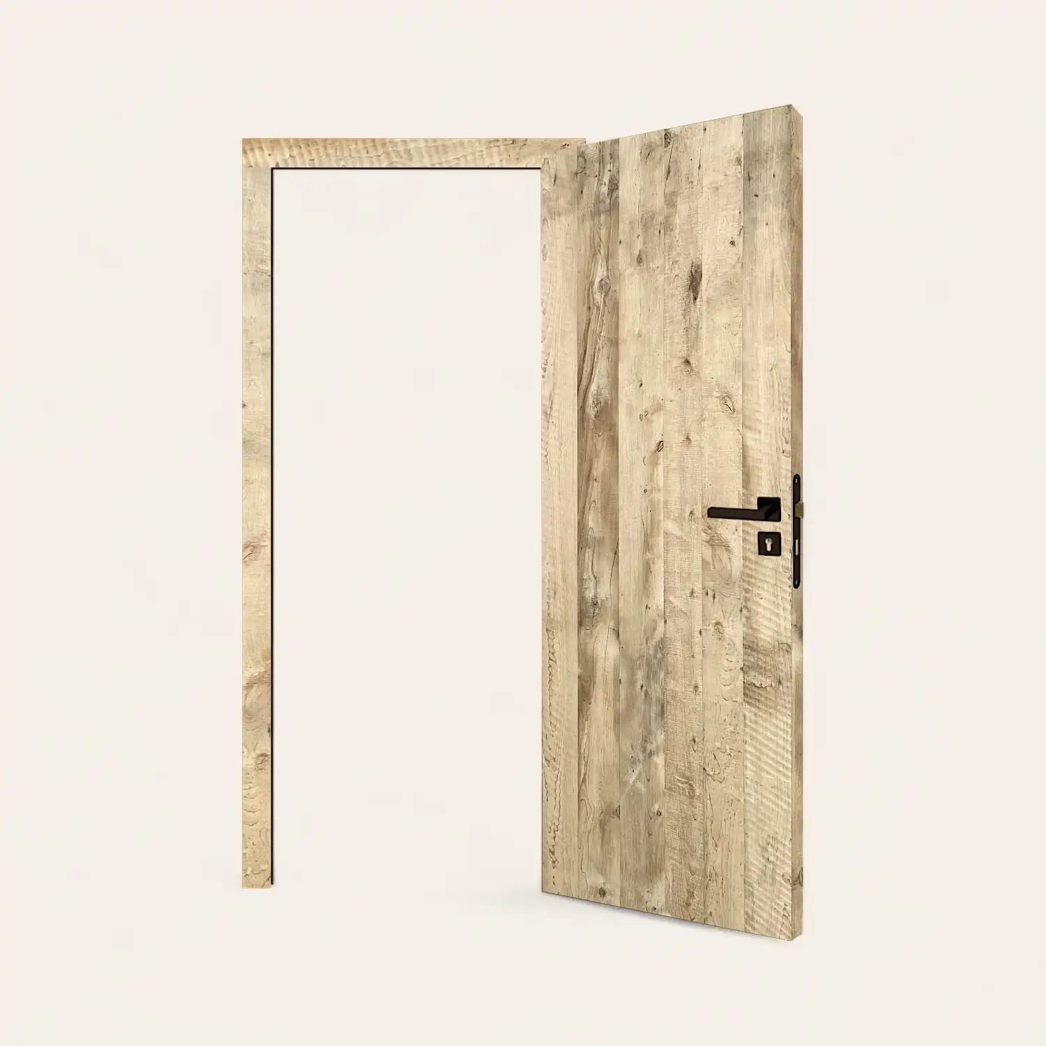  Une porte en bois ancienne avec une poignée noire. 