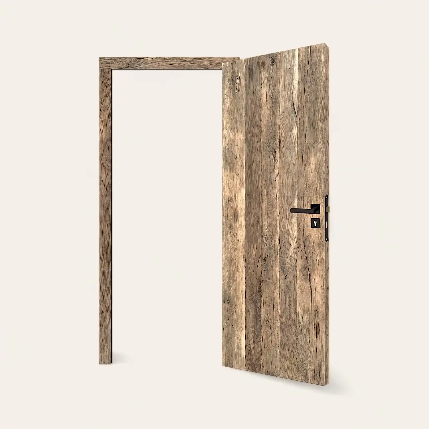  Une porte en vieux chêne rustique ouverte sur fond blanc. 