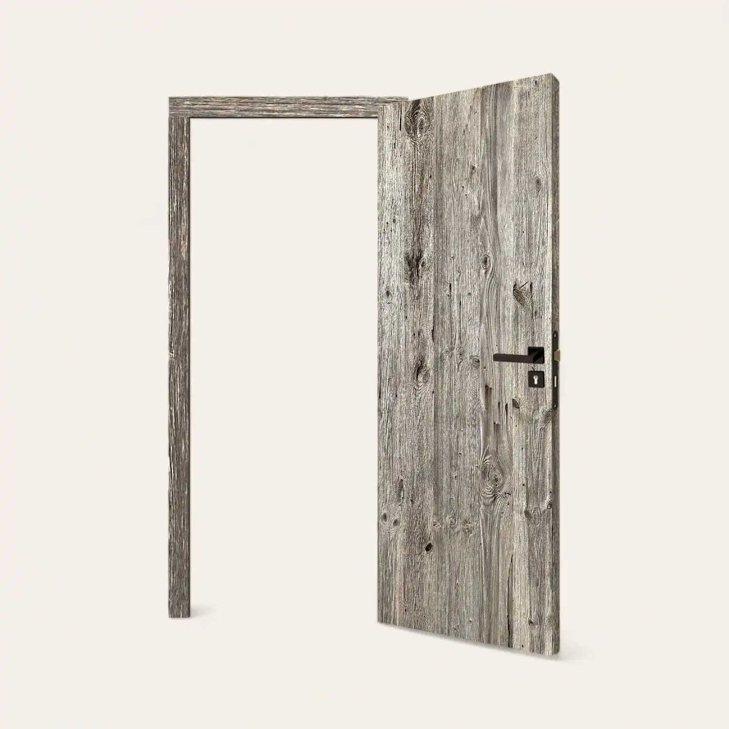  Une porte en bois rustique ouverte sur fond blanc. 