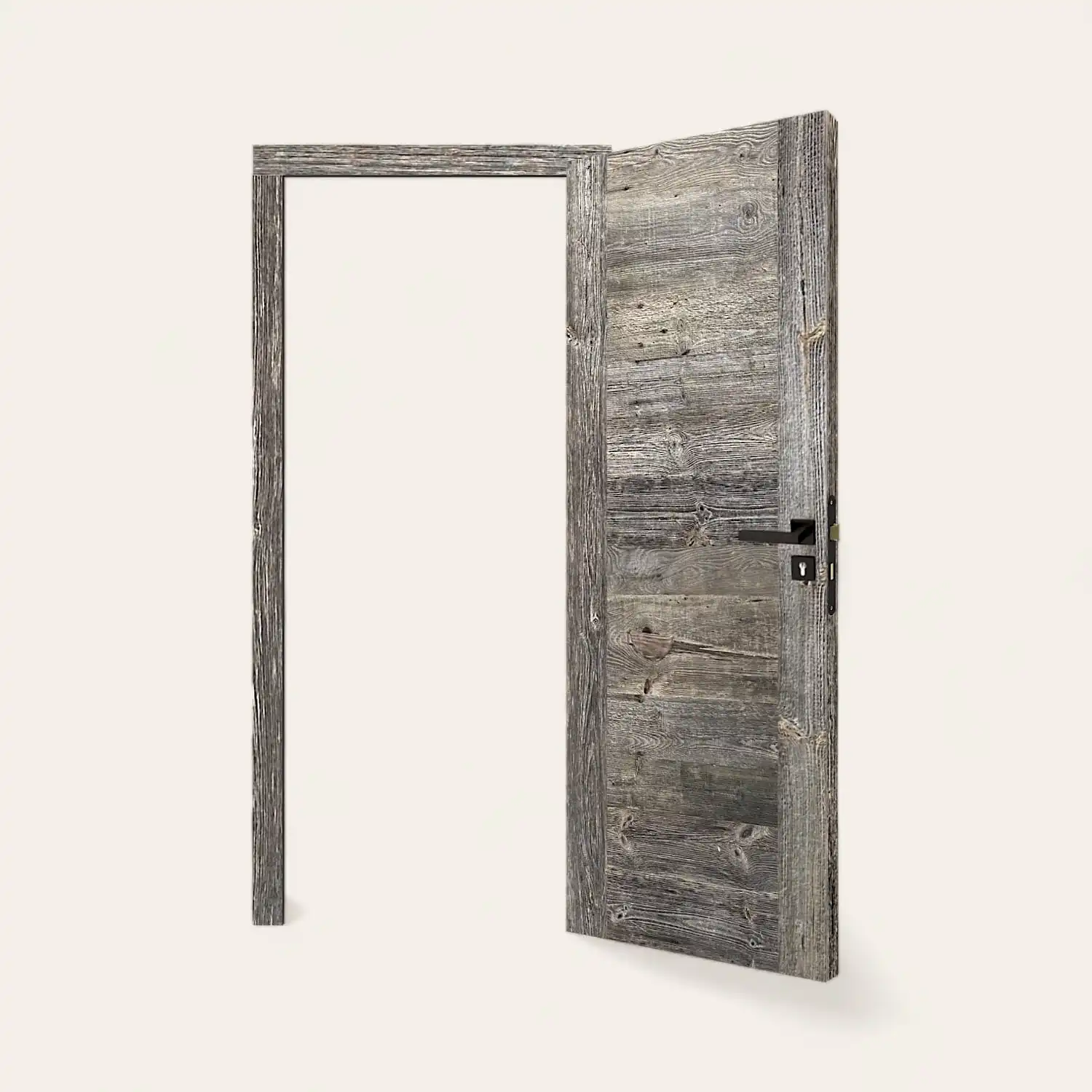  Une porte de grange en bois rustique gris ouverte. 