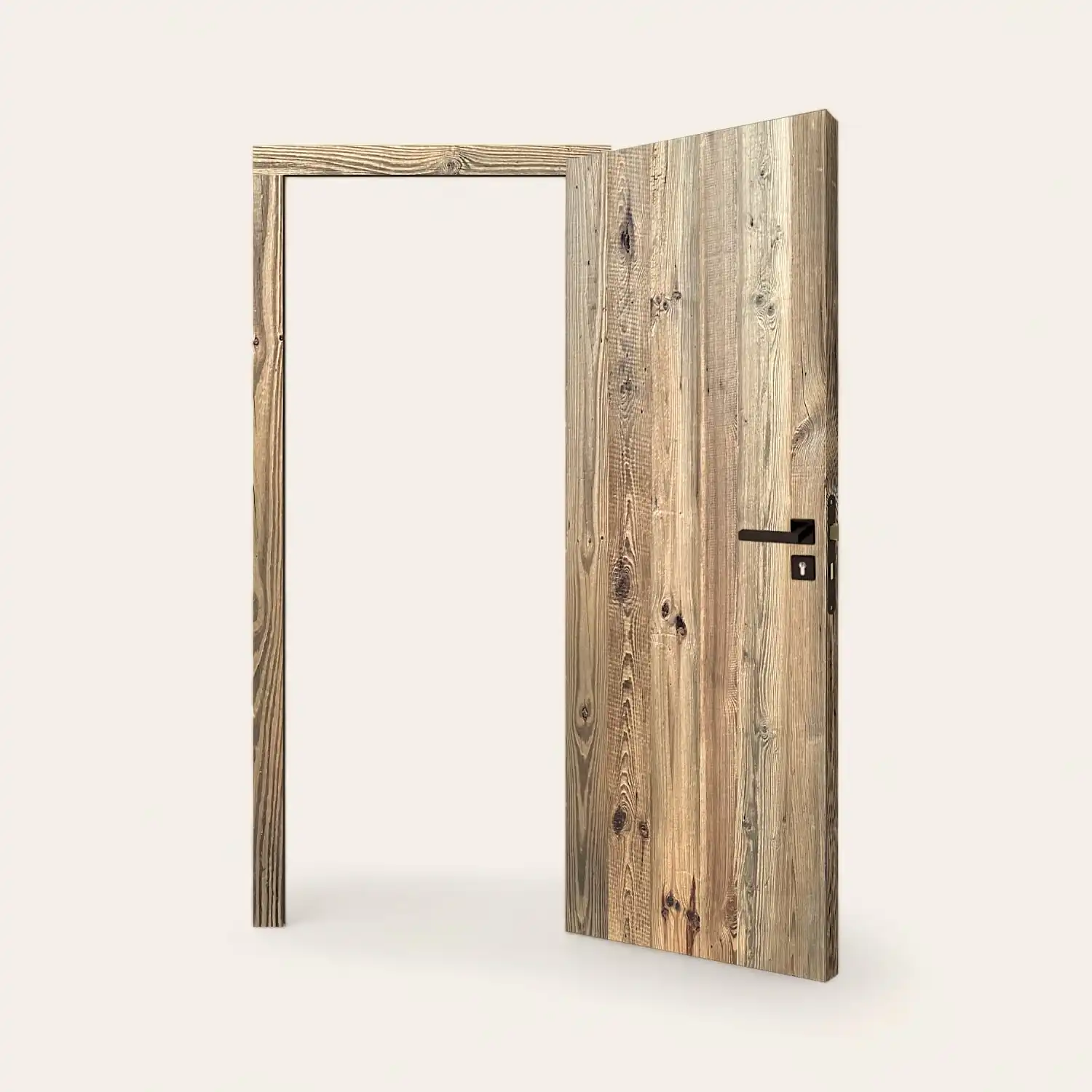  Une porte en bois rustique en sapin brun ouverte sur fond blanc. 