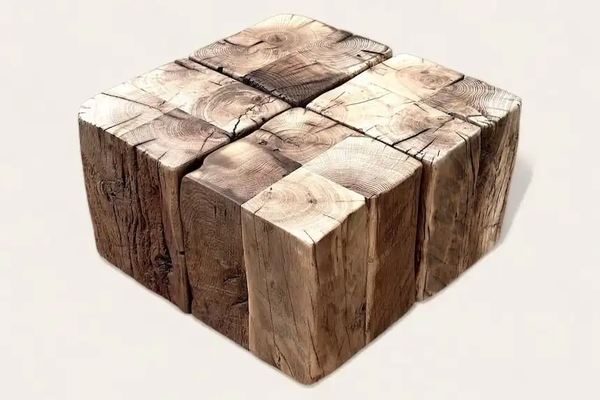 Table basse cubique rustique en poutres de bois massif, assemblage artisanal mettant en valeur les anneaux de croissance, robustesse et esthétique intemporelle.
