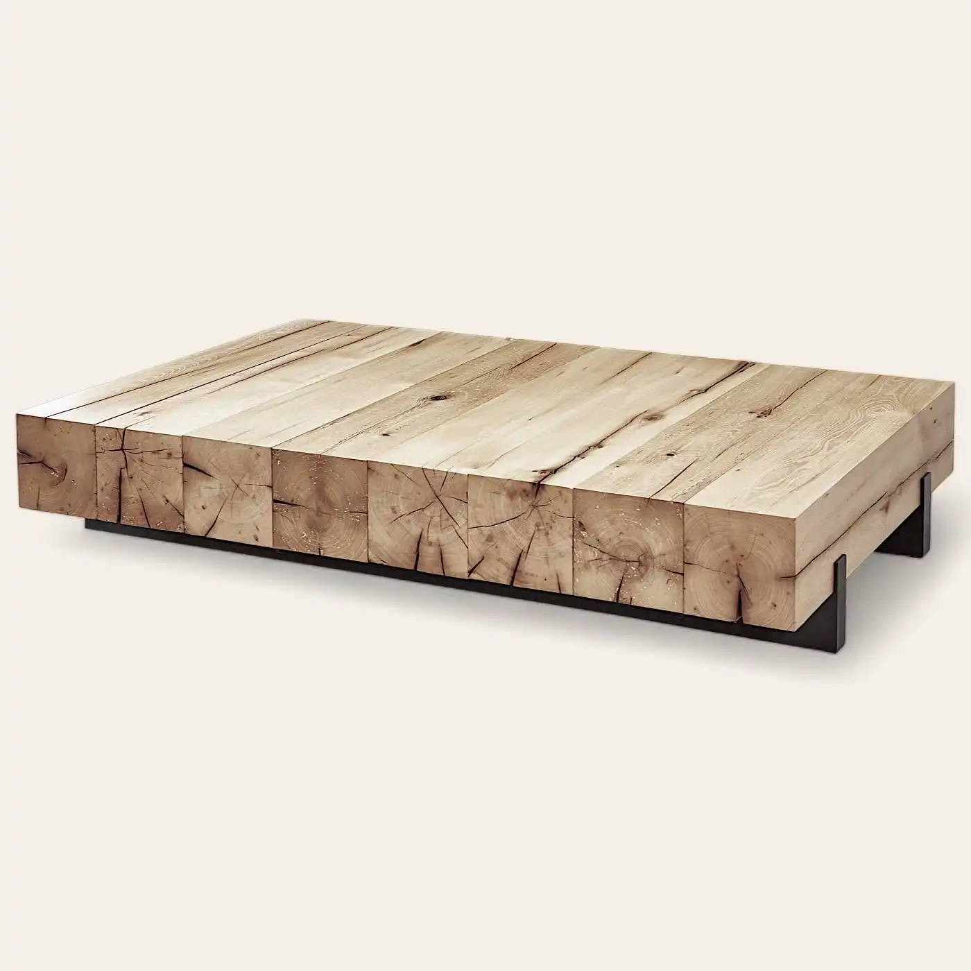  Une table basse rustique en bois avec une base noire. 