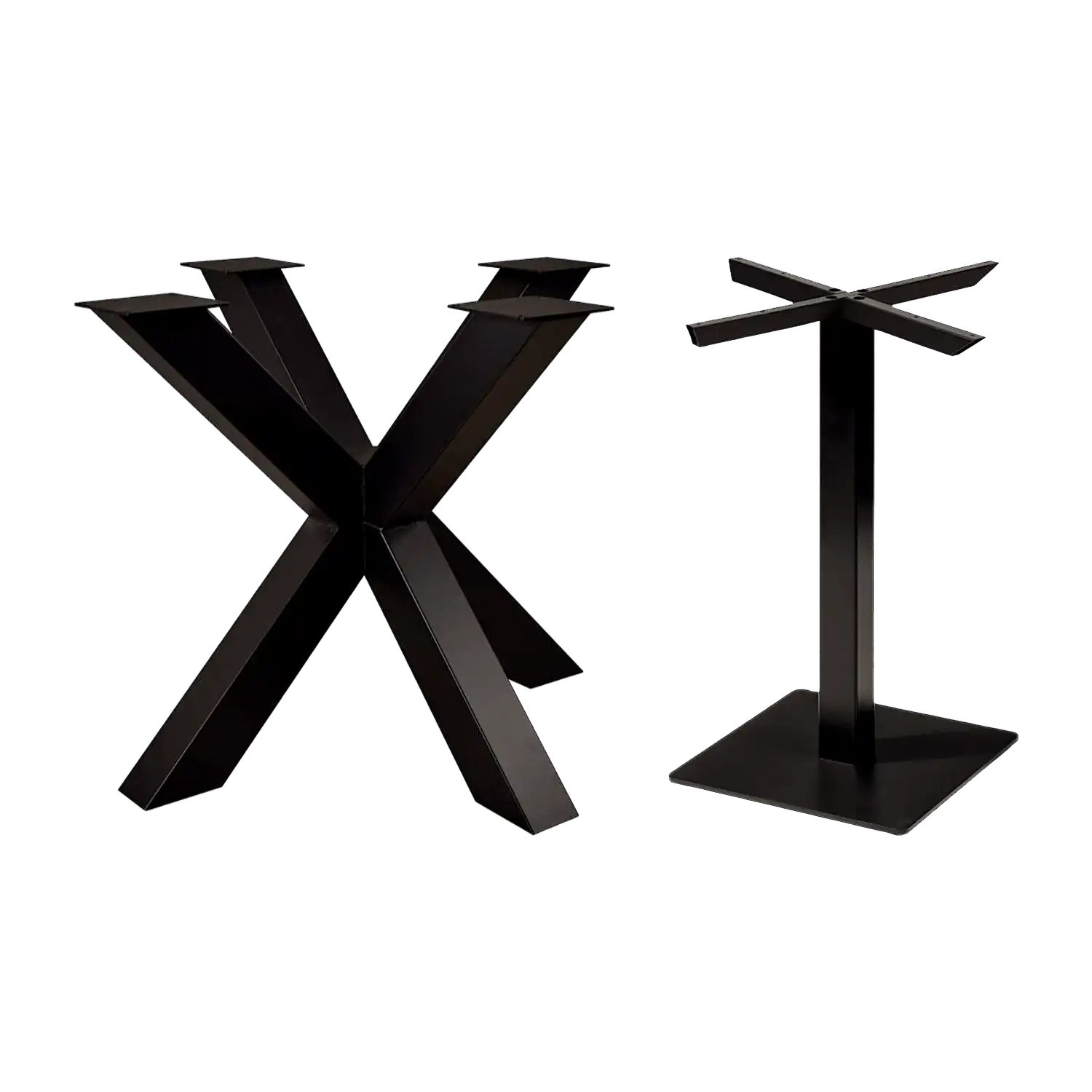 Pieds de table contrastés : un en vieux bois rustique et l'autre en métal noir, illustrant la diversité des styles.
