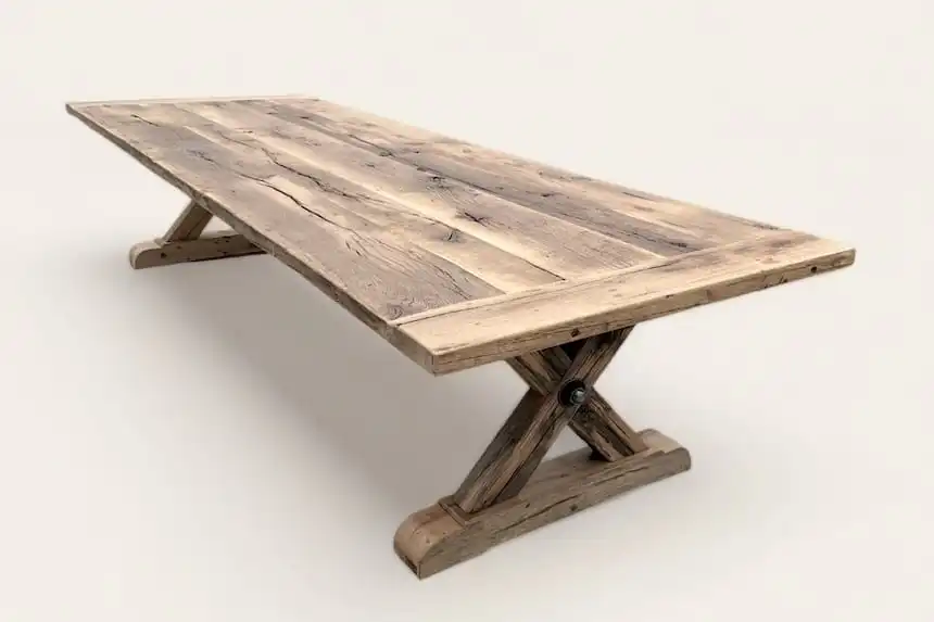Table de salle à manger ronde rustique en bois avec des jambes inclinées, finition naturelle claire, sur un fond blanc épuré.