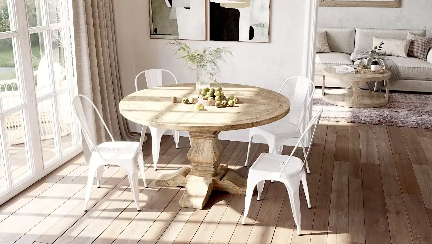 Une salle à manger avec une table rustique en bois et des chaises blanches.