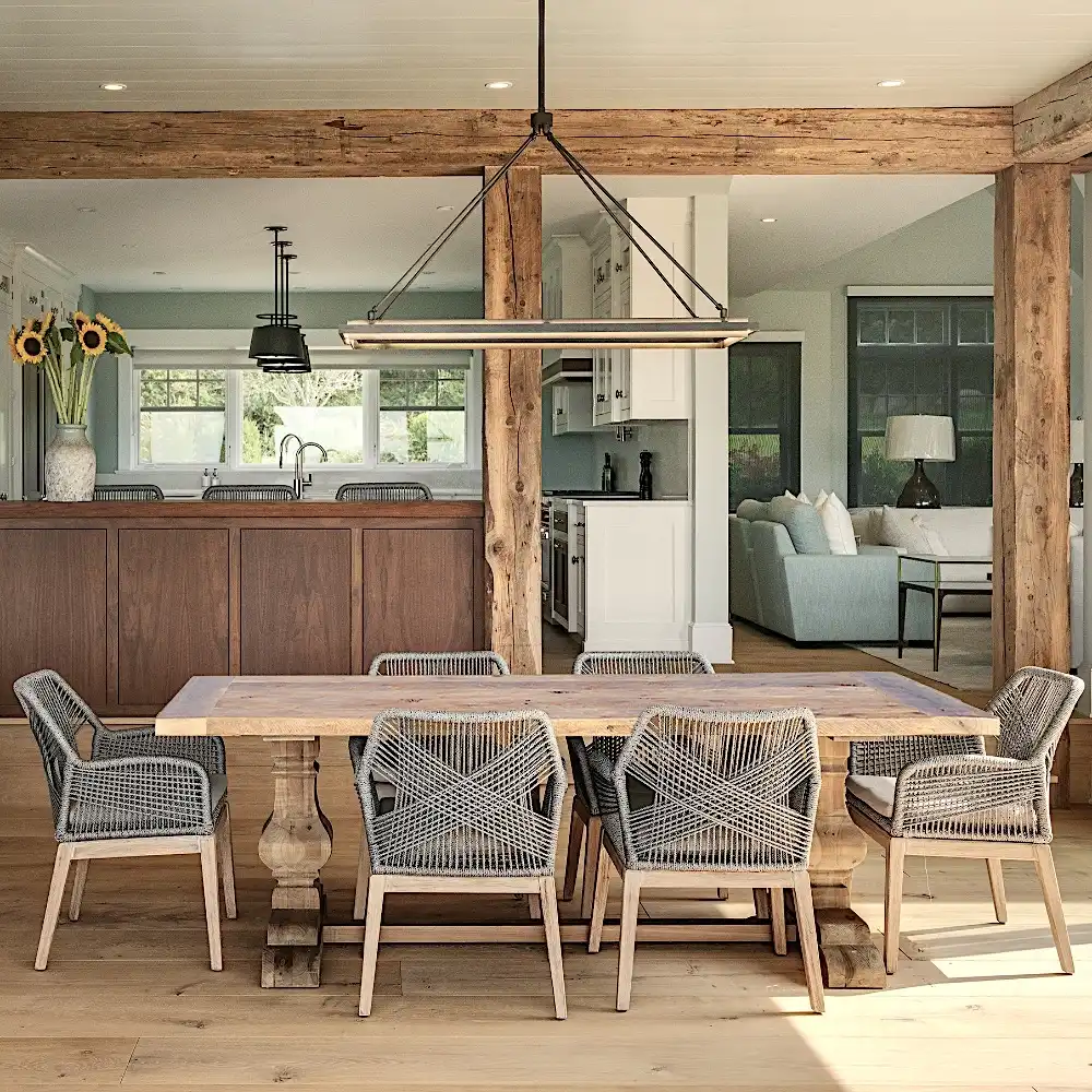 Une salle à manger avec une table rustique et des chaises en bois.