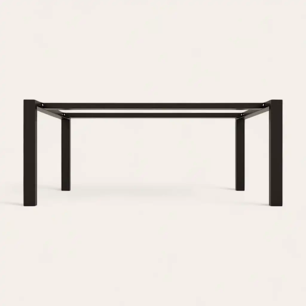  Table noire minimaliste sans plateau sur fond blanc. 