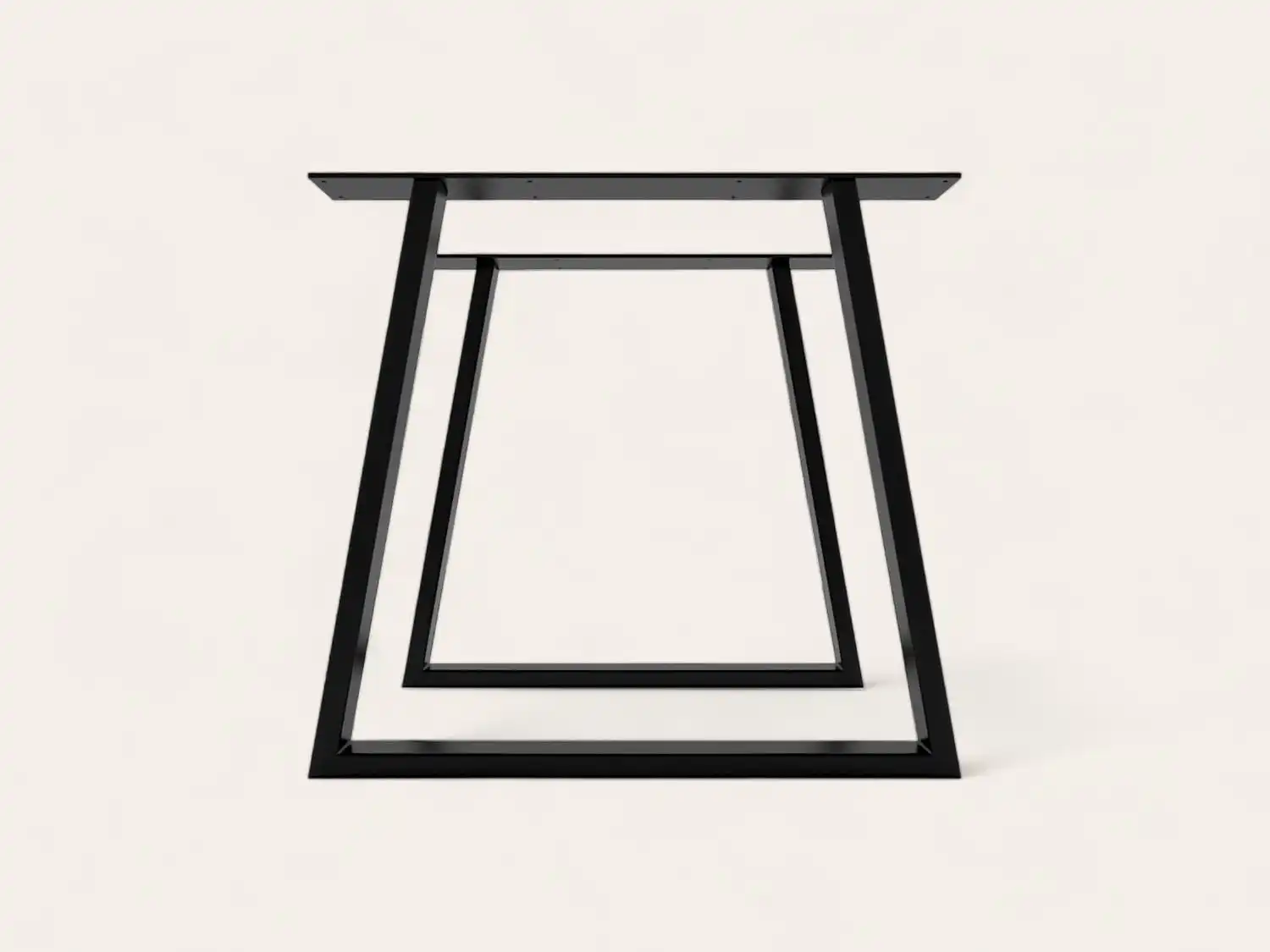 Un cadre de table en métal noir avec un design trapézoïdal vu du dessus.