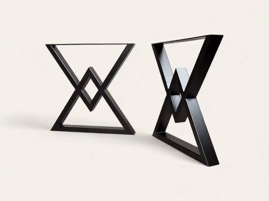 Deux pieds de tables noirs au design géométrique formant les lettres « x » et « w » sur fond blanc.