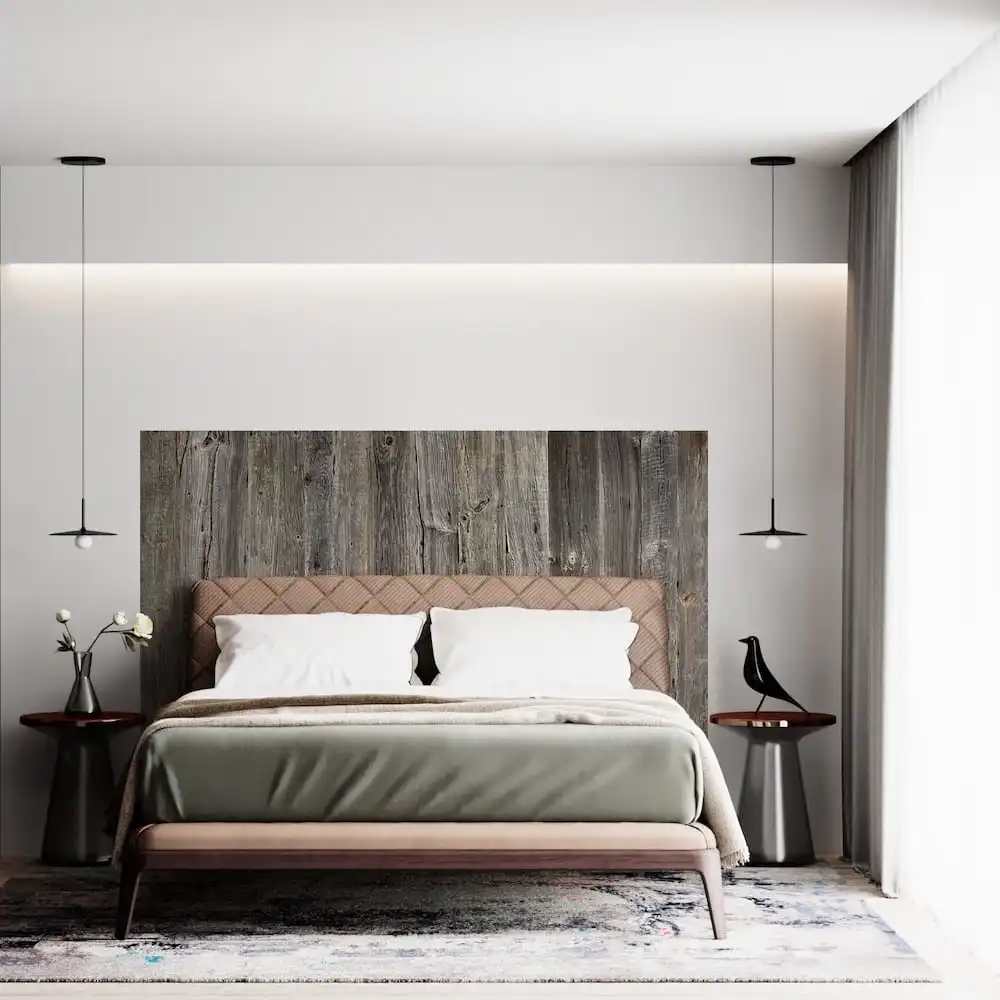  Une chambre moderne avec une tête de lit en bois rustique, des suspensions et une décoration minimaliste. 