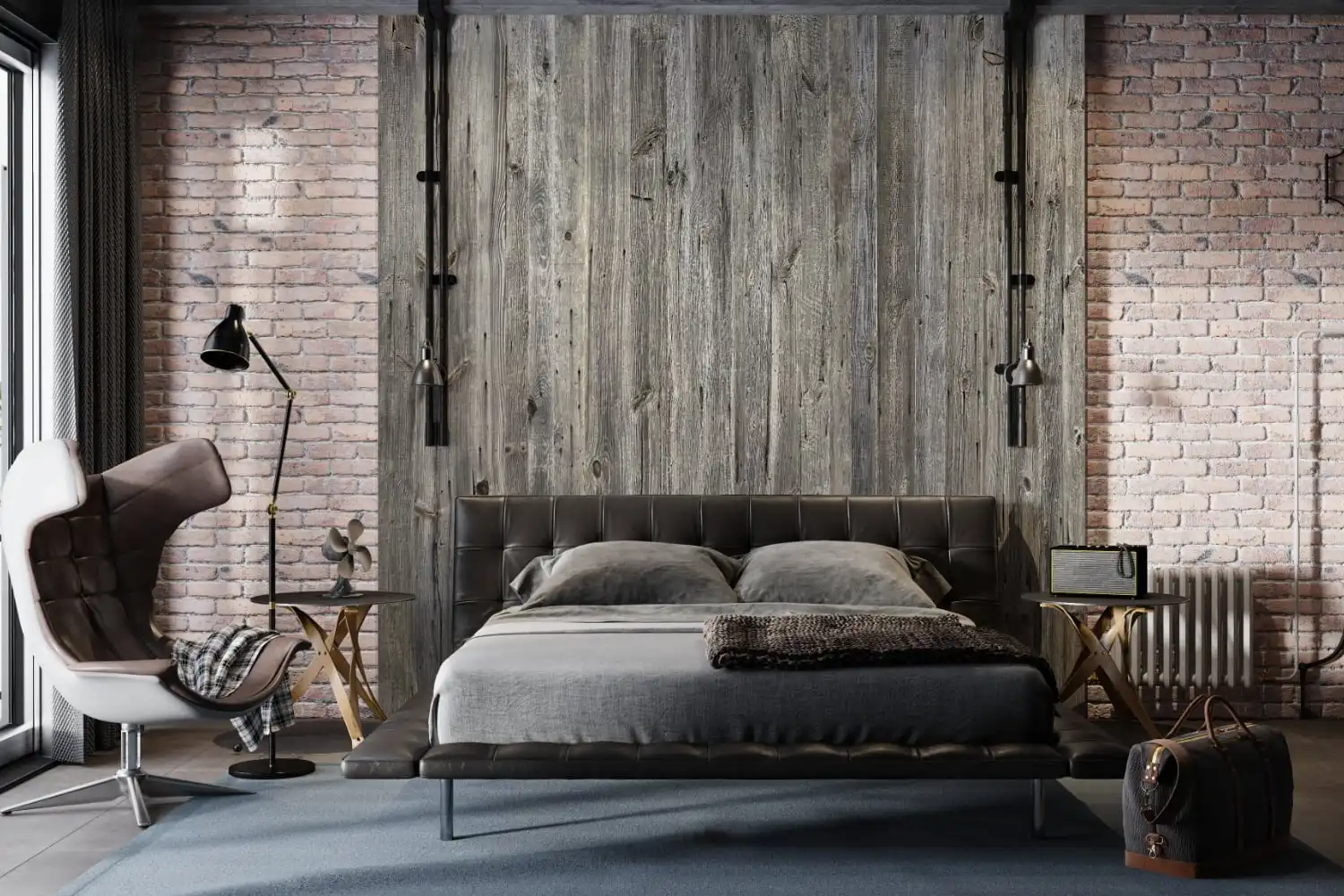 Chambre industrielle moderne avec murs en briques apparentes, grande porte coulissante en bois et mobilier minimaliste.