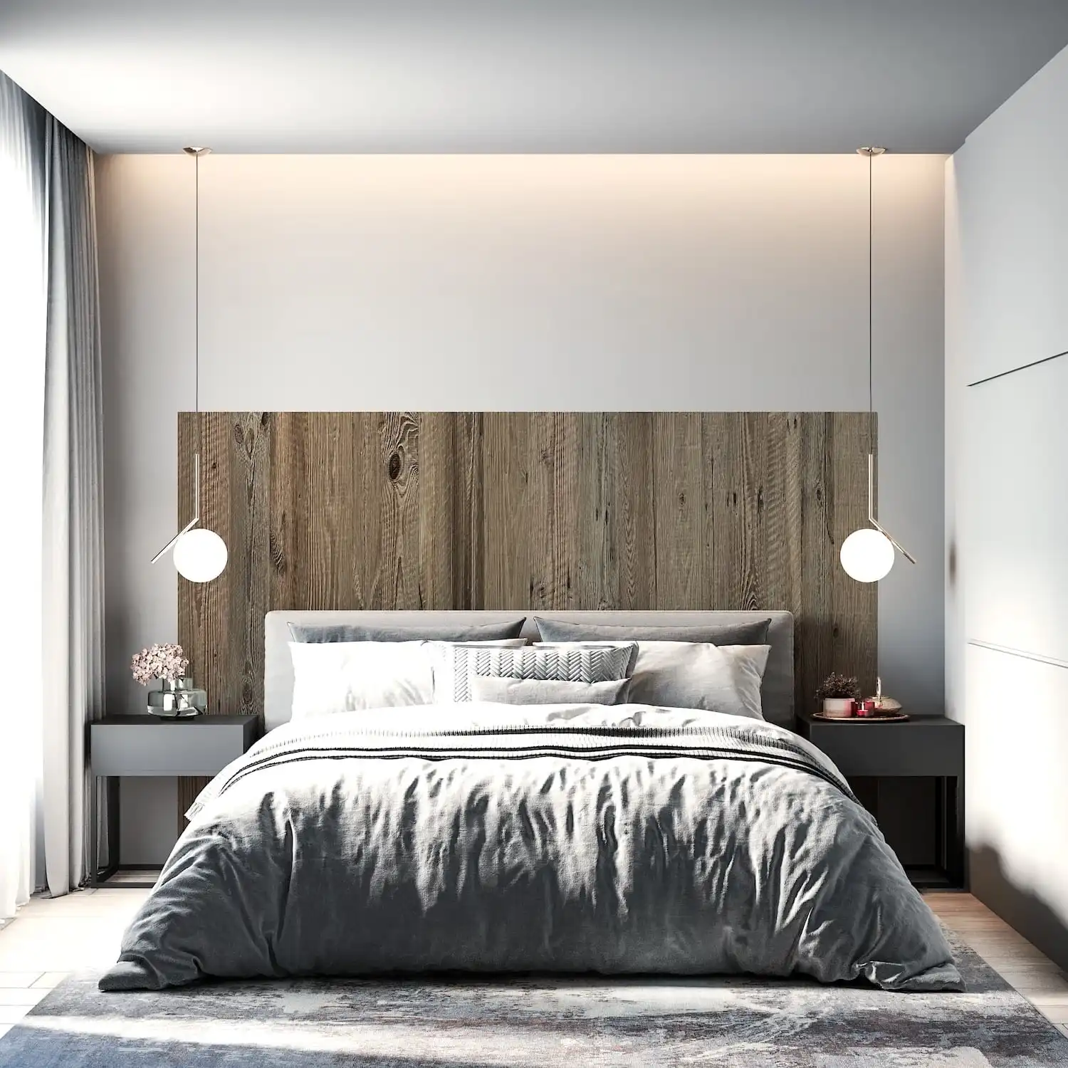  Une chambre moderne avec un grand lit, une tête de lit en bois et un éclairage de chevet minimaliste. 