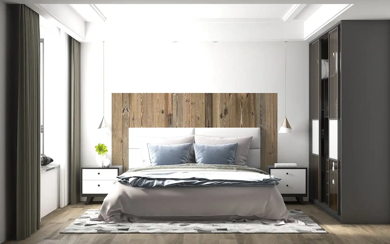 Chambre moderne avec un grand lit, une tête de lit rustique en bois et des tables de chevet assorties.