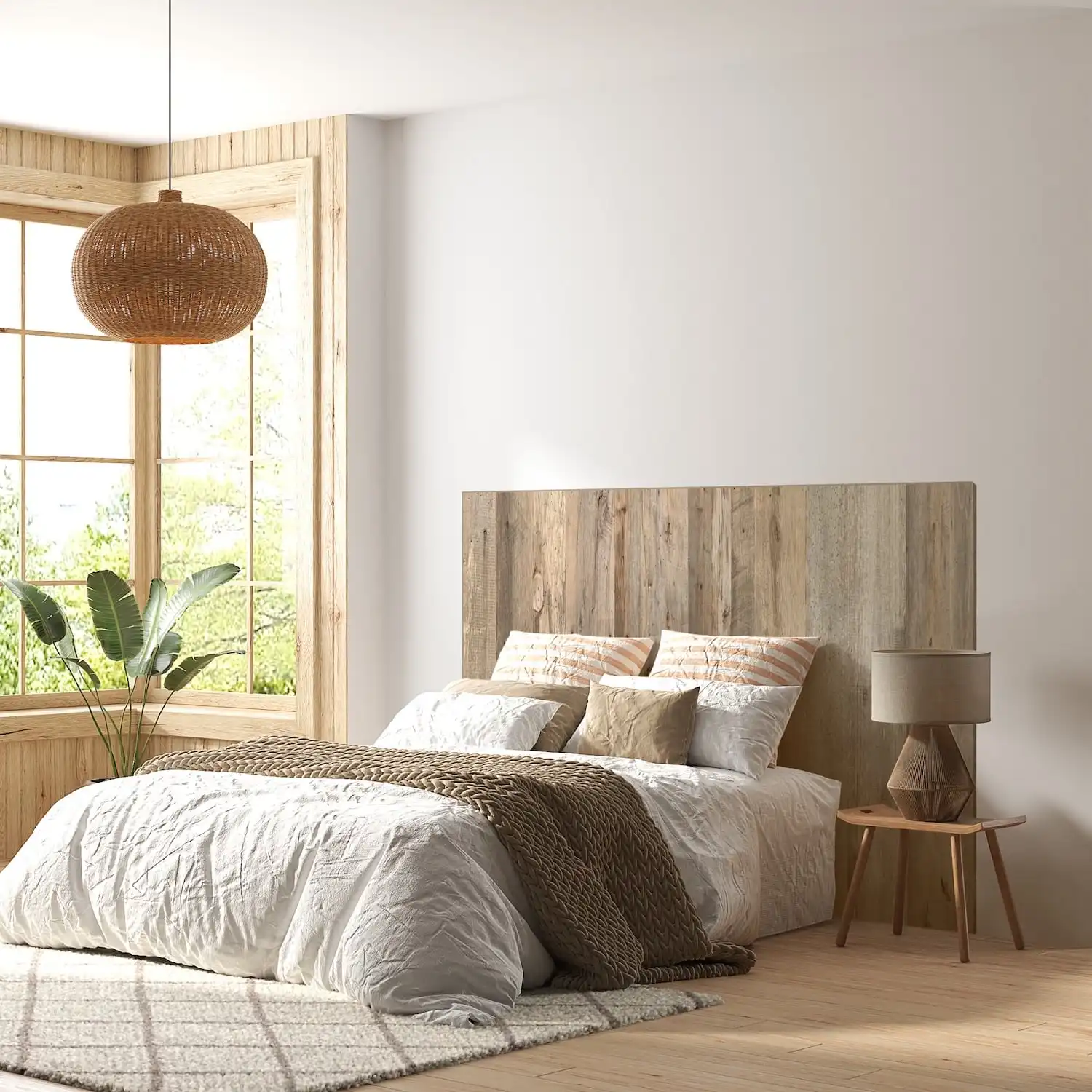  Une chambre confortable et minimaliste avec un cadre de lit en bois rustique, une literie blanche, des textiles aux tons chauds et une lumière naturelle. 