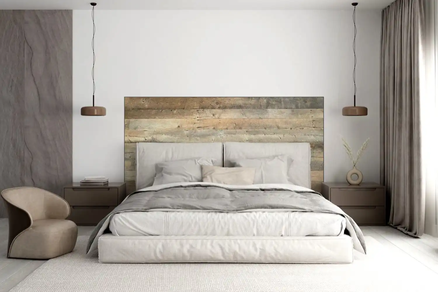 Une chambre moderne avec un grand lit doté d'une tête de lit en bois rustique, de couleurs neutres et d'une décoration minimaliste.